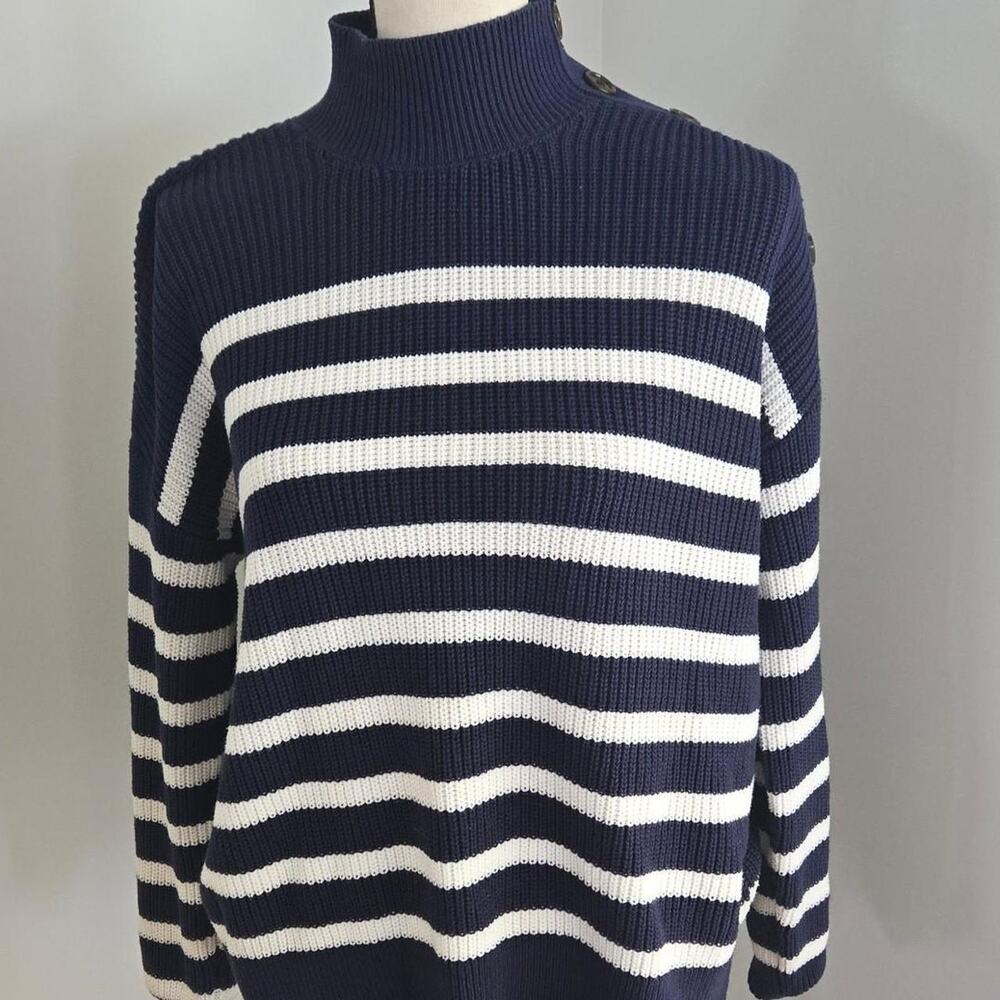 loft Navy white striped cotton acrylic sweater button detail on shoulders small